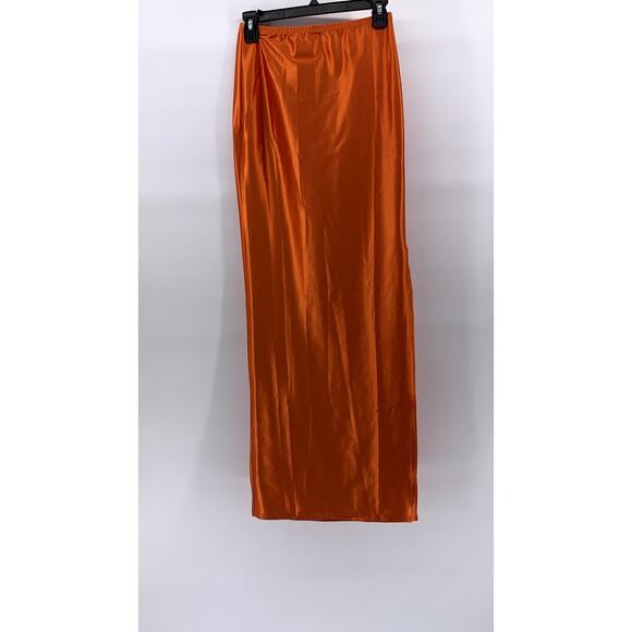 PRETTYLITTLETHING Women's Orange Rust Satin Stretch Side Slit Maxi Skirt SZ 4 - Picture 1 of 12